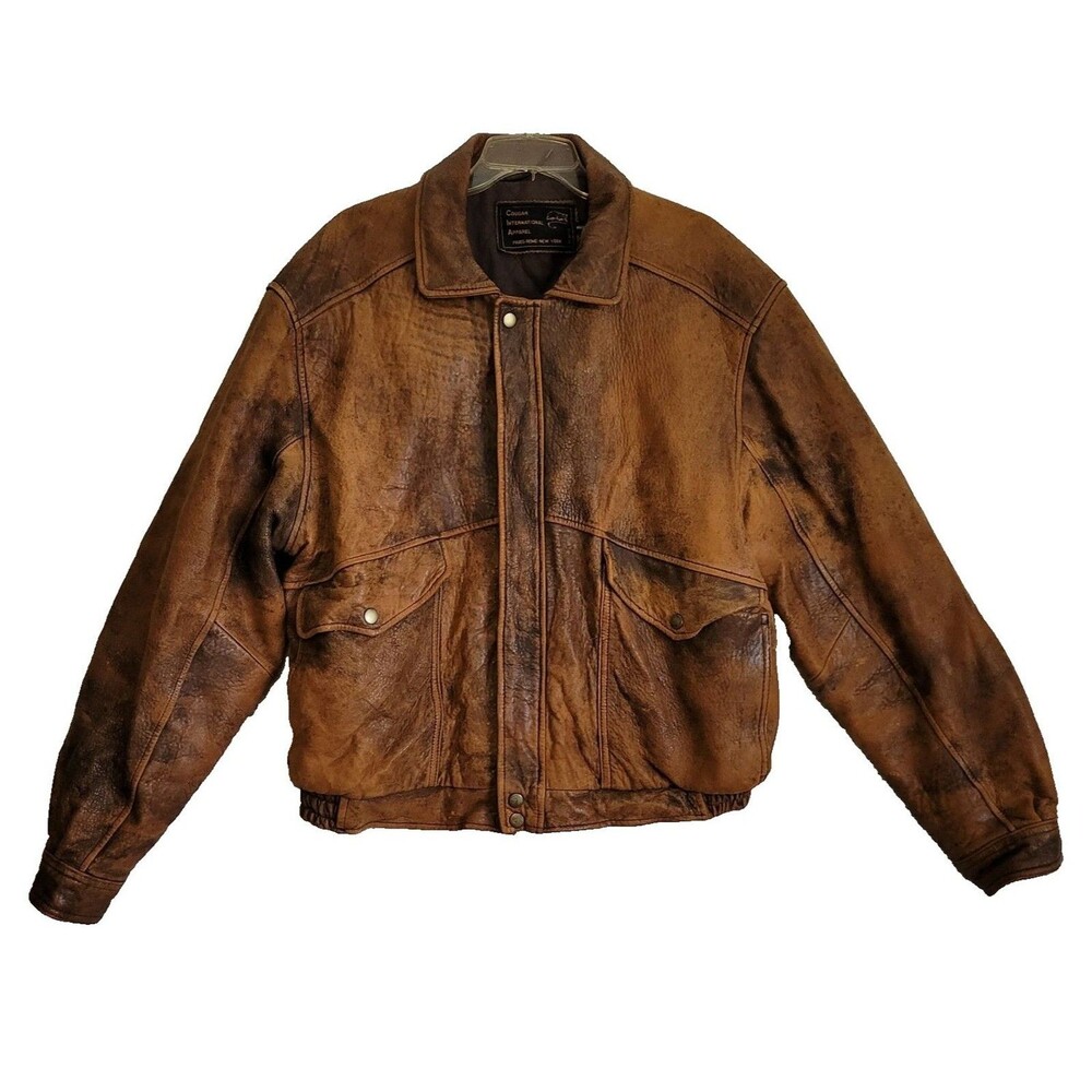 Vintage Cougar Int Mens Leather Jacket XXL Brown Bomber Harrington Destressed